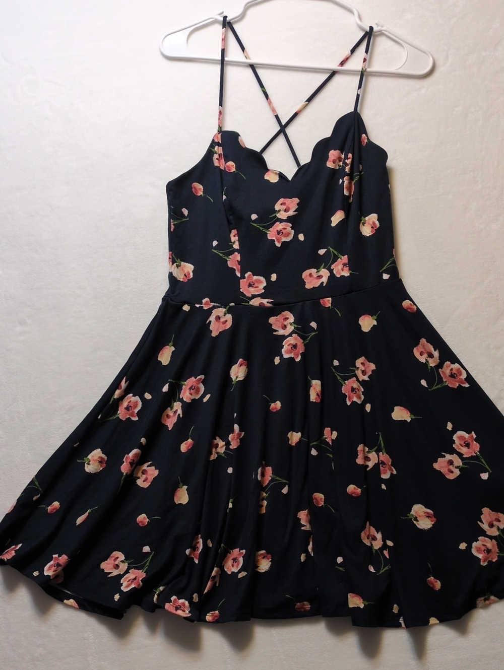 ​The General Good Floral Scalloped Skater Dress M Navy Pink Cross Back Mini